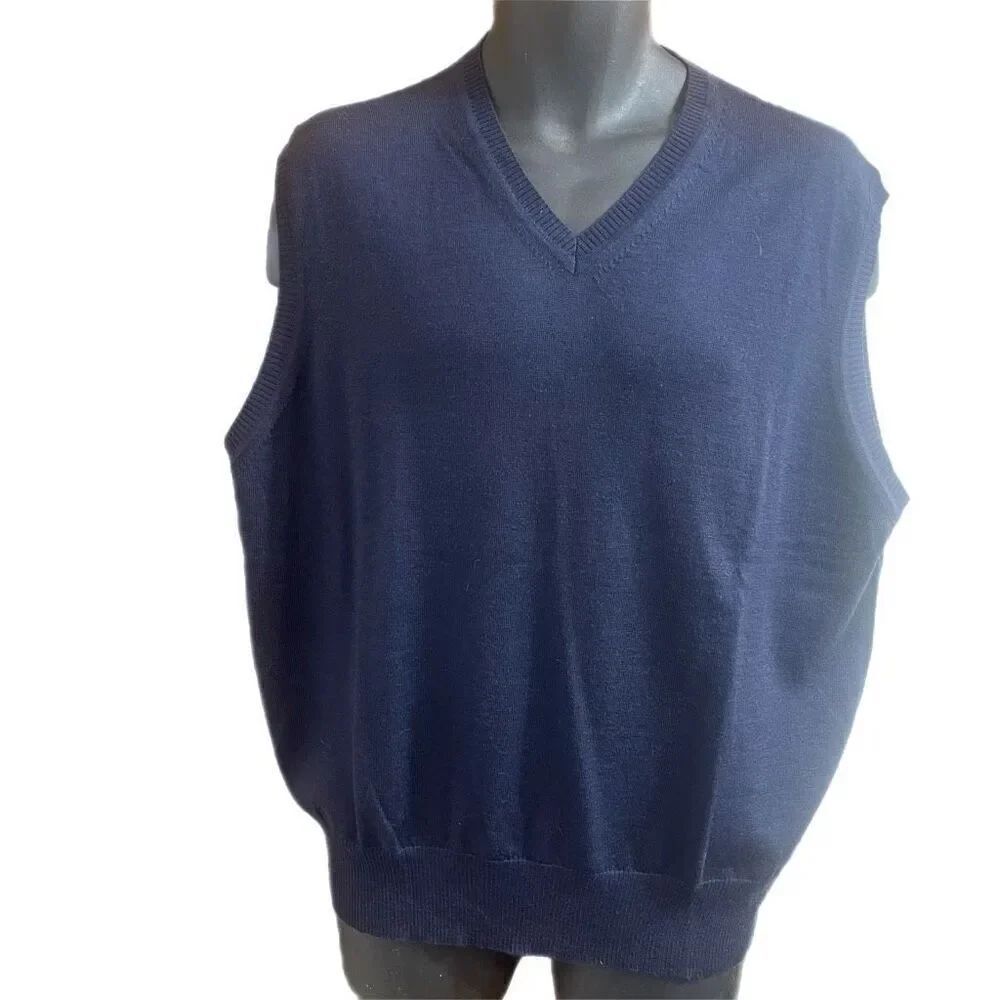 Facconable Solid Navy Blue Merino Wool Vest Size XL